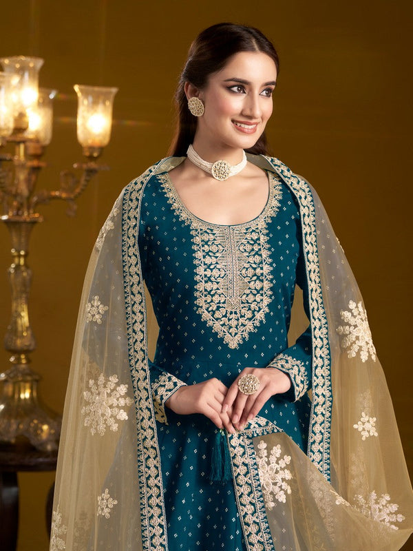 Tasteful Teal Color Chanderi Fabric Gown