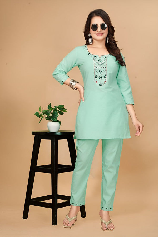Lovely Green Color Cotton Fabric Cord Set