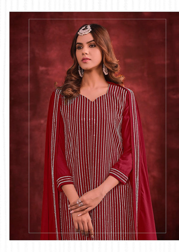 Tasteful Red Color Georgette Fabric Plazzo Suit