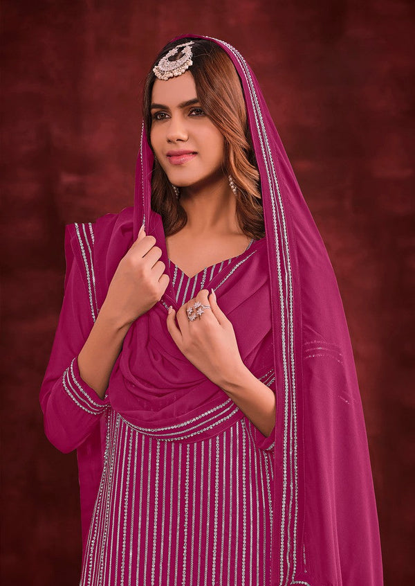 Tasteful Pink Color Georgette Fabric Plazzo Suit