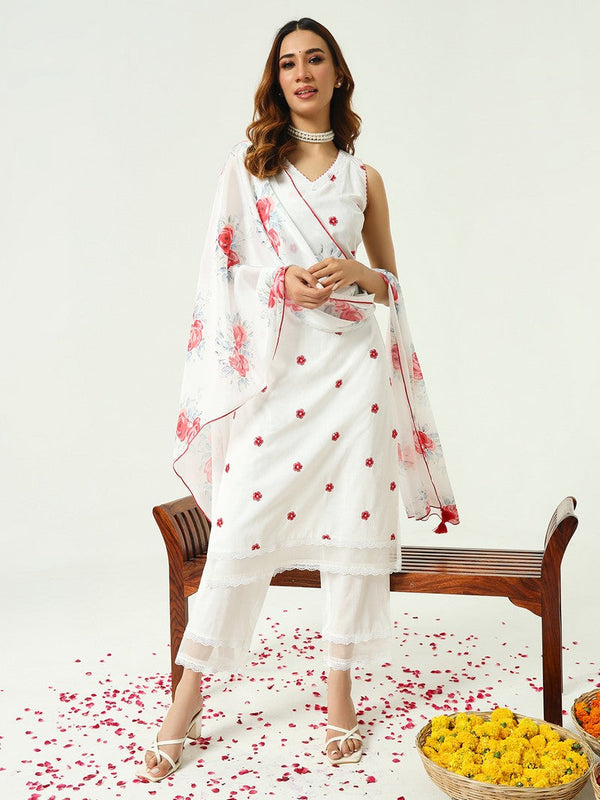 Lovely White Color Cotton Fabric Designer Kurti With Bottom and Dupatta