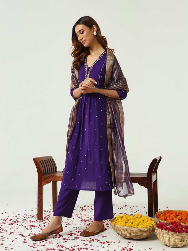 Lovely Purple Color Chanderi Fabric Designer Kurti With Bottom and Dupatta