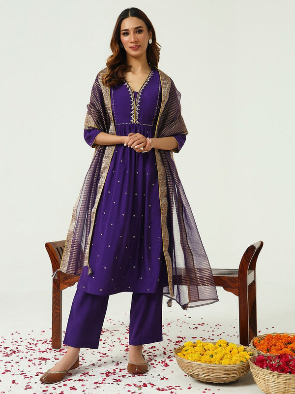 Lovely Purple Color Chanderi Fabric Designer Kurti With Bottom and Dupatta