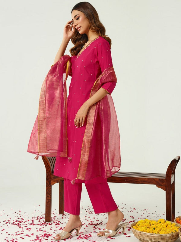 Lovely Pink Color Chanderi Fabric Designer Kurti With Bottom and Dupatta