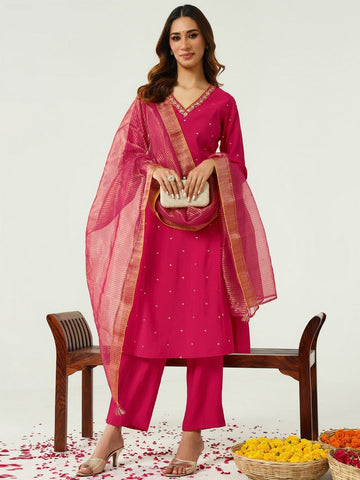 Lovely Pink Color Chanderi Fabric Designer Kurti With Bottom and Dupatta