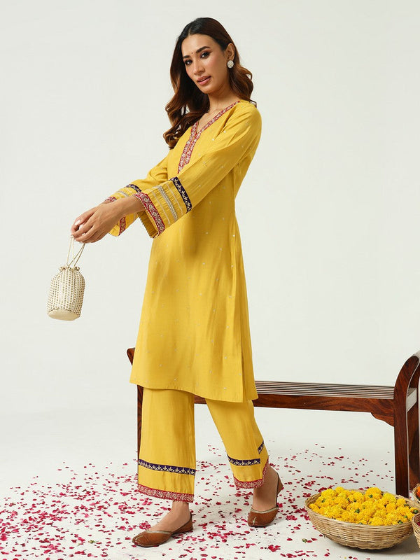 Lovely Yellow Color Chanderi Fabric Designer Kurti With Bottom and Dupatta