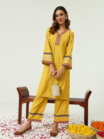 Lovely Yellow Color Chanderi Fabric Designer Kurti With Bottom and Dupatta