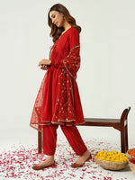 Lovely Red Color Silk Fabric Designer Kurti With Bottom and Dupatta