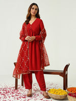 Lovely Red Color Silk Fabric Designer Kurti With Bottom and Dupatta