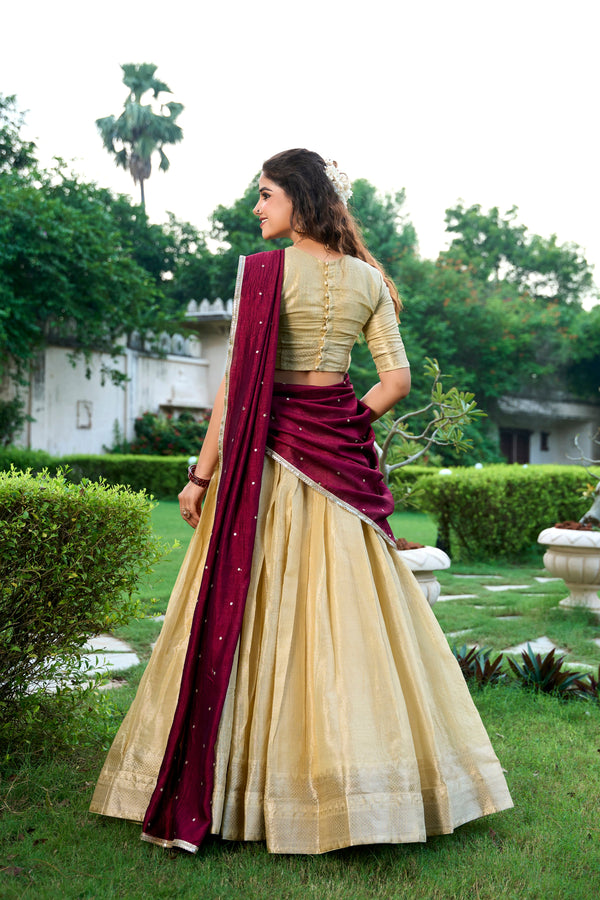 Lovely Cream Color Kanchipuram Fabric Party Wear Lehenga