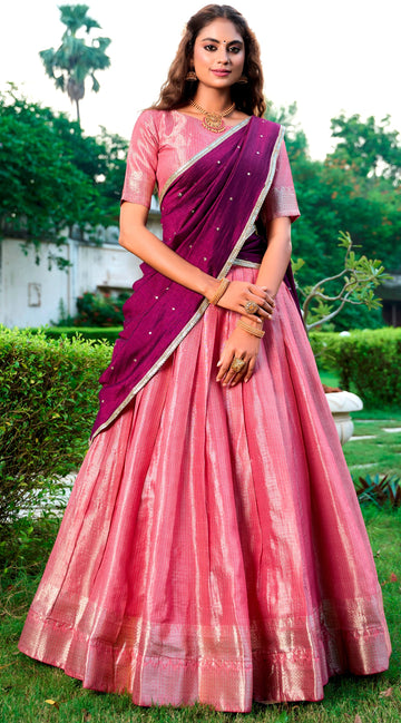 Lovely Pink Color Kanchipuram Fabric Party Wear Lehenga