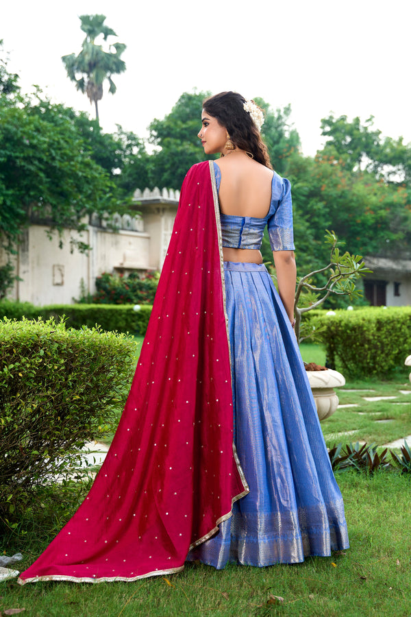 Lovely Turquoise Color Kanchipuram Fabric Party Wear Lehenga