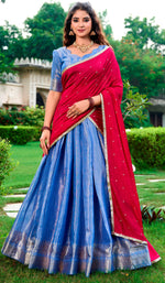 Lovely Turquoise Color Kanchipuram Fabric Party Wear Lehenga