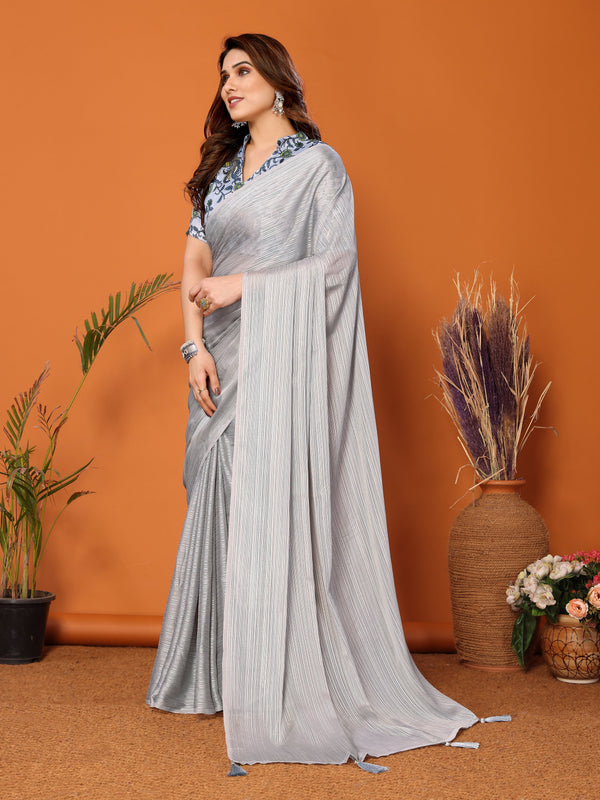 Beauteous Grey Color Polyester Fabric Partywear Saree