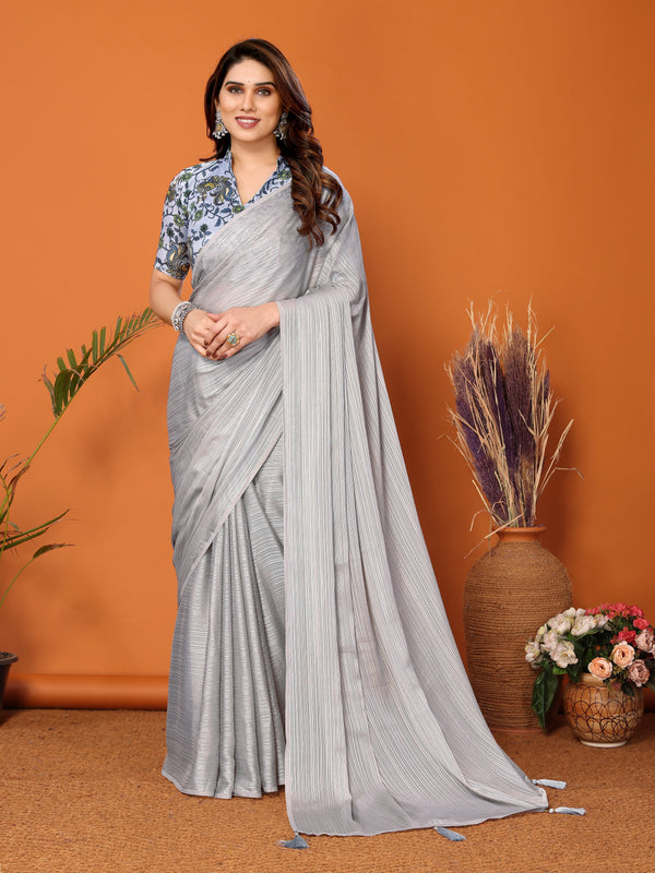 Beauteous Grey Color Polyester Fabric Partywear Saree