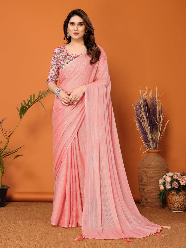 Beauteous Peach Color Polyester Fabric Partywear Saree