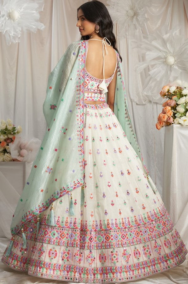 Lovely Cream Color Organza Fabric Party Wear Lehenga