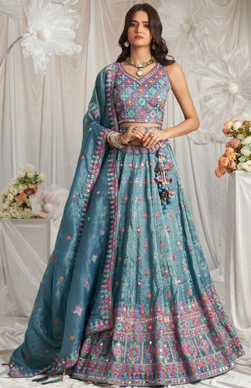 Lovely Teal Color Organza Fabric Party Wear Lehenga