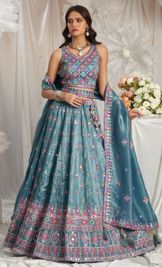 Lovely Teal Color Organza Fabric Party Wear Lehenga