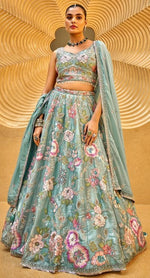 Lovely Aqua Color Organza Fabric Party Wear Lehenga