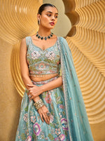 Lovely Aqua Color Organza Fabric Party Wear Lehenga