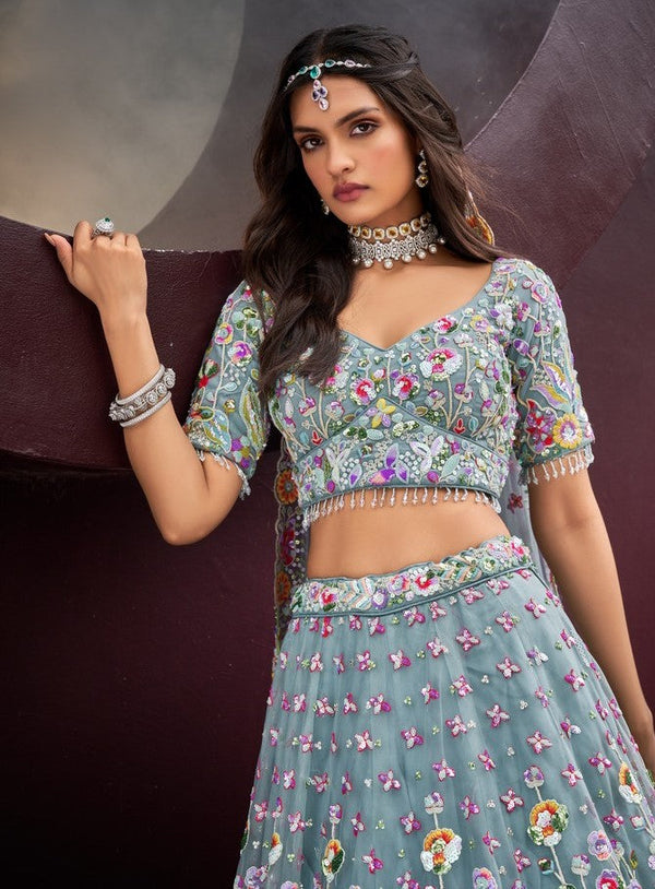 Lovely Aqua Color Net Fabric Party Wear Lehenga