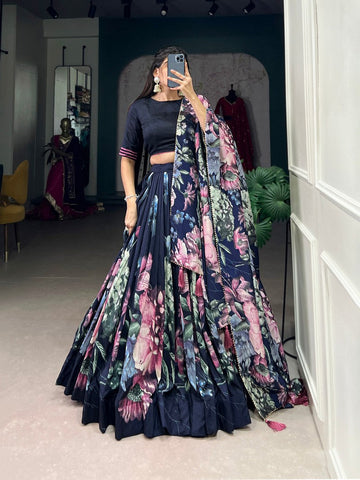 Lovely Navy Blue Color Silk Fabric Party Wear Lehenga