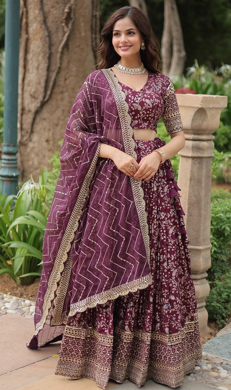 Superb Wine Color Viscose Fabric Party Wear Lehenga