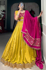 Lovely Mustard Color Chanderi Fabric Party Wear Lehenga