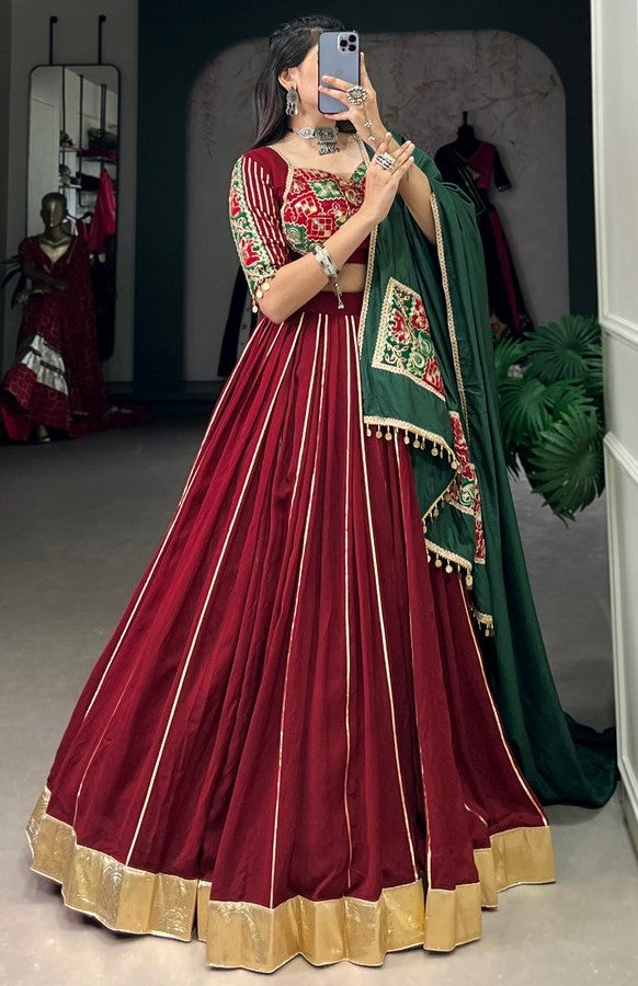 Lovely Maroon Color Chanderi Fabric Party Wear Lehenga