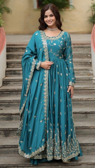 Angelic Teal Color Chinon Fabric Sharara Suit