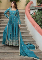 Angelic Teal Color Chinon Fabric Sharara Suit