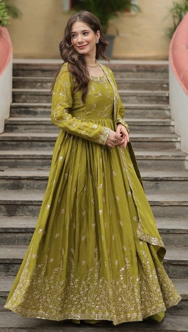 Angelic Green Color Chinon Fabric Sharara Suit