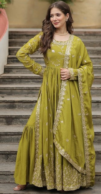 Angelic Green Color Chinon Fabric Sharara Suit