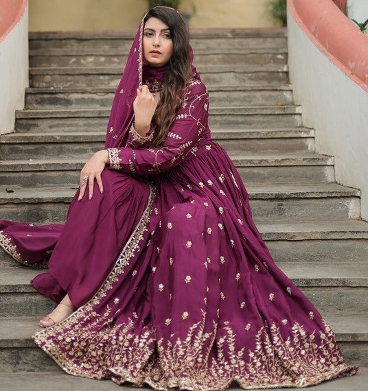 Angelic Wine Color Chinon Fabric Sharara Suit