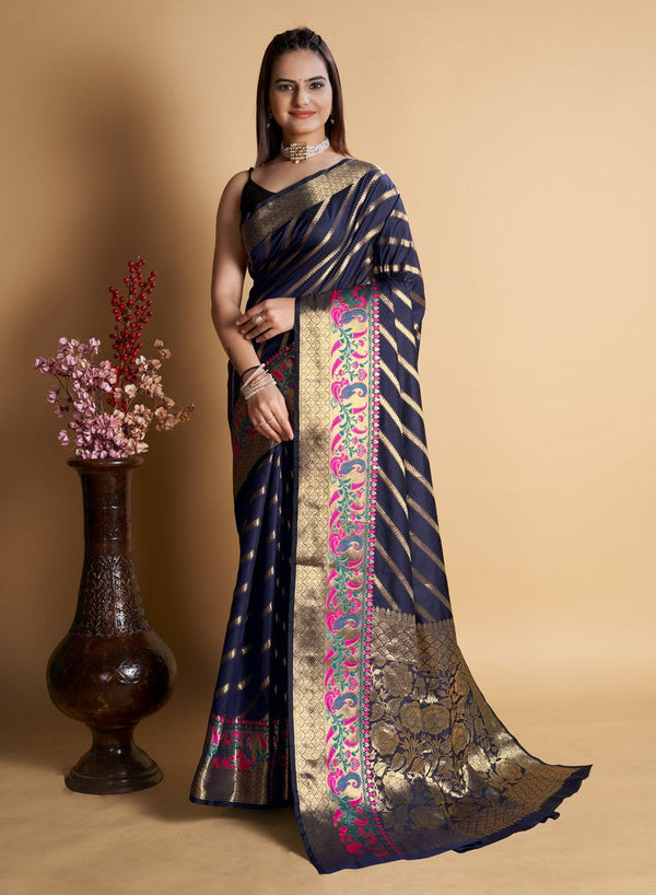 Elegant Navy Blue Color Silk Fabric Casual Saree