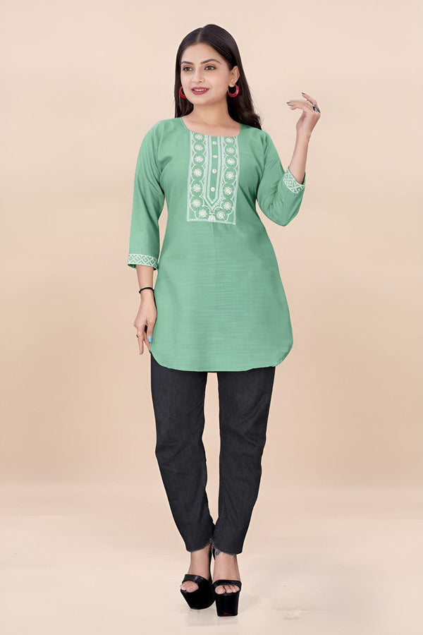 Striking Green Color Rayon Fabric Casual Kurti