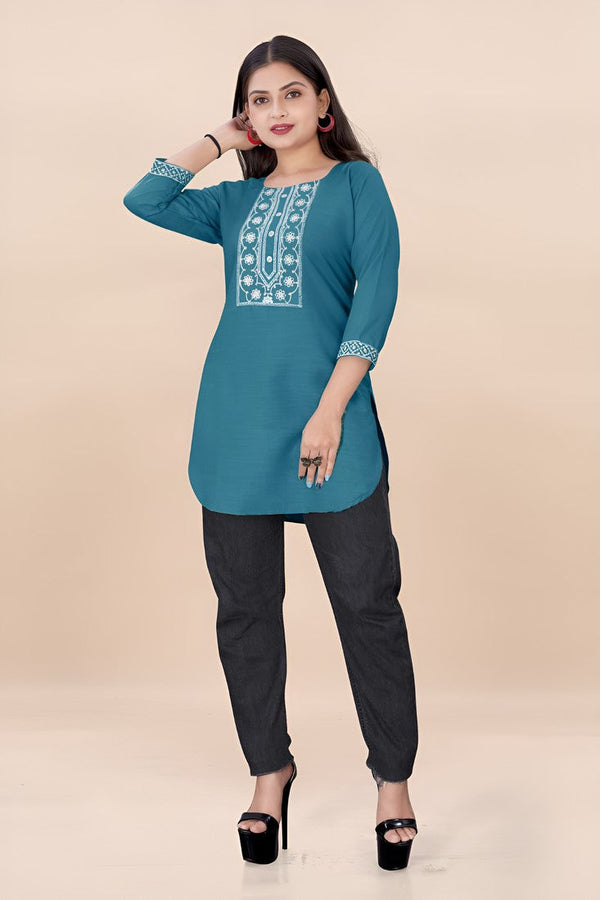 Striking Teal Color Rayon Fabric Casual Kurti