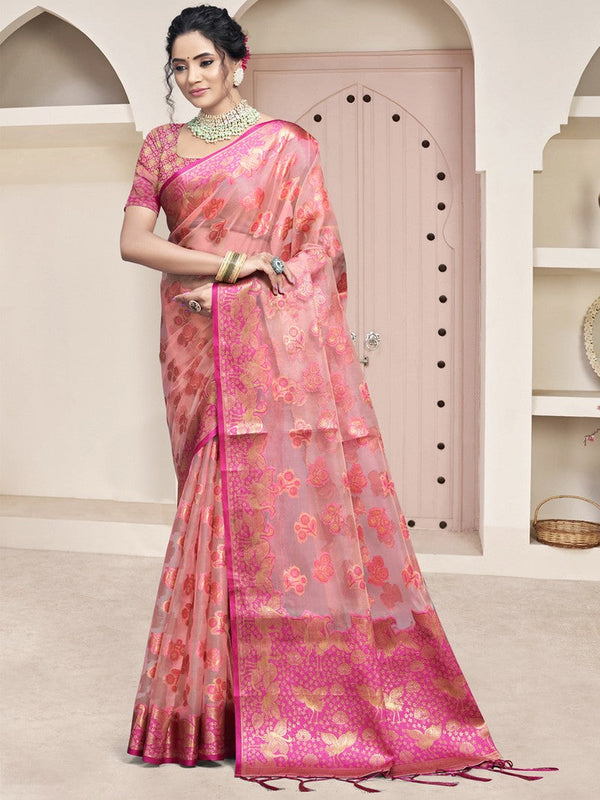 Beautiful Pink Color Organza Fabric Casual Saree