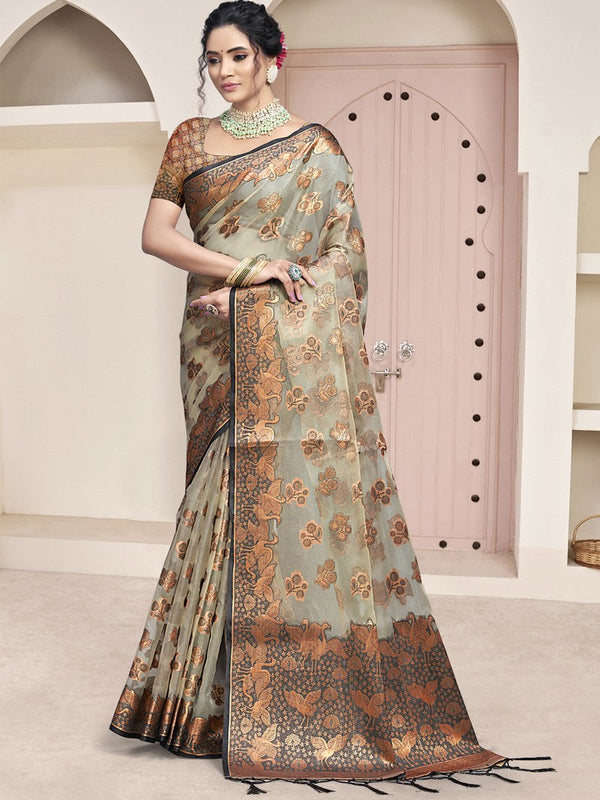 Beautiful Grey Color Organza Fabric Casual Saree