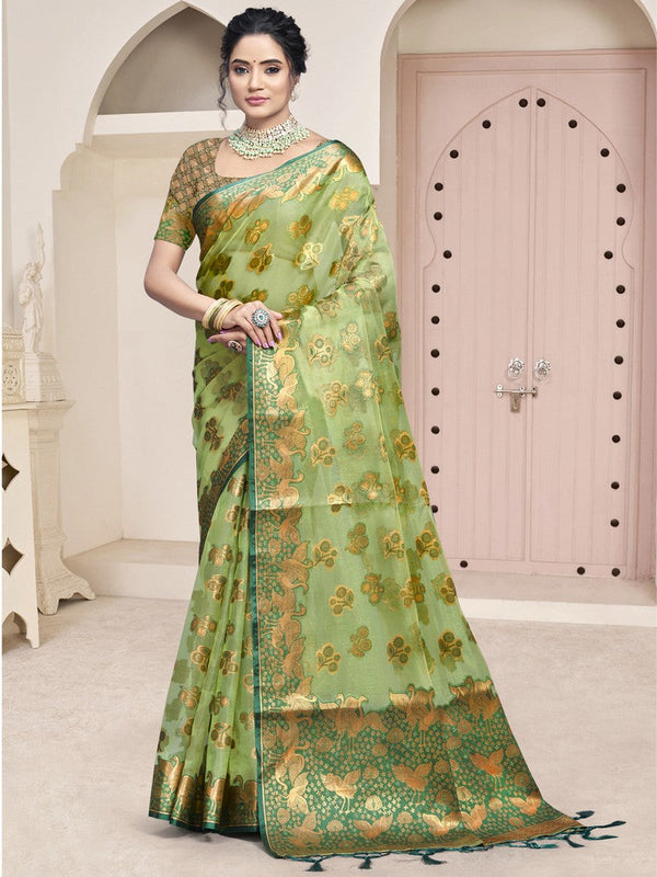 Beautiful Green Color Organza Fabric Casual Saree