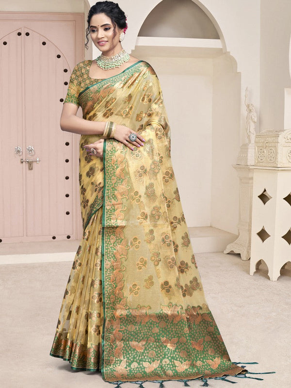 Beautiful Yellow Color Organza Fabric Casual Saree