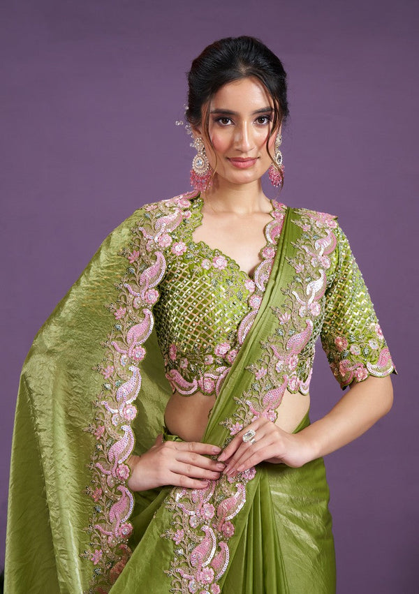 Ideal Green Color Satin Fabric Partywear Saree