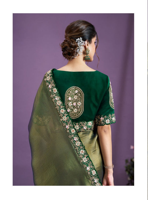 Ideal Green Color Tissue Fabric Partywear Saree