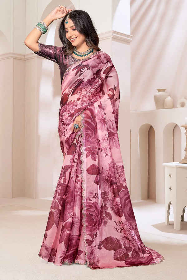 Beauteous Wine Color Organza Fabric Casual Saree