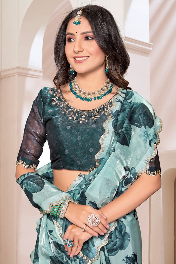 Beauteous Turquoise Color Organza Fabric Casual Saree