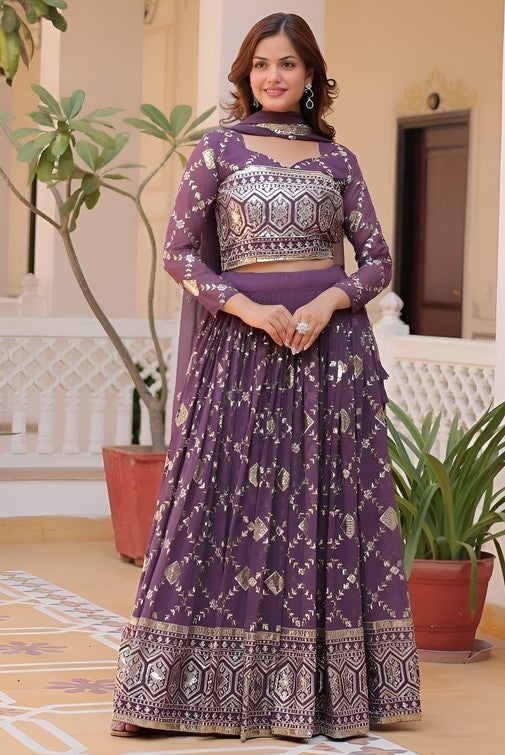 Dazzling Purple Color Net Fabric Party Wear Lehenga