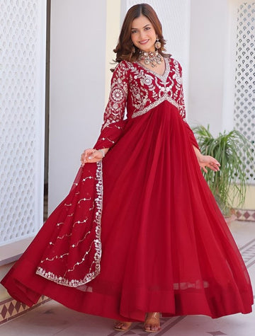 Striking Maroon Color Georgette Fabric Gown