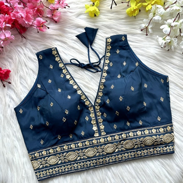 Lovely Navy Blue Color Silk Fabric Blouse