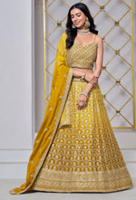 Dazzling Yellow Color Chinon Fabric Party Wear Lehenga